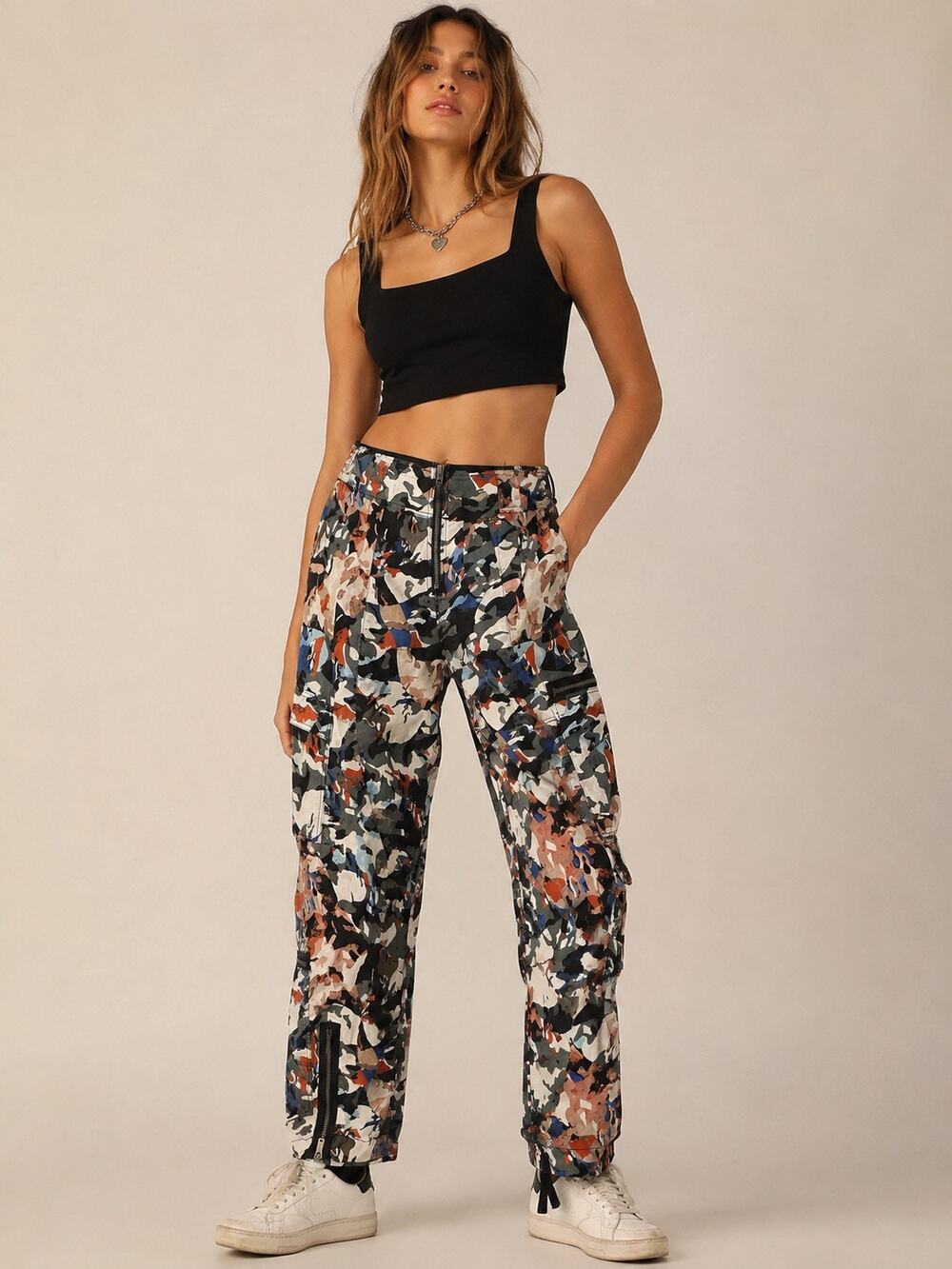 Free People Movement My Boo Cargo Pants M Abstract Camo Utility Zip Pocket